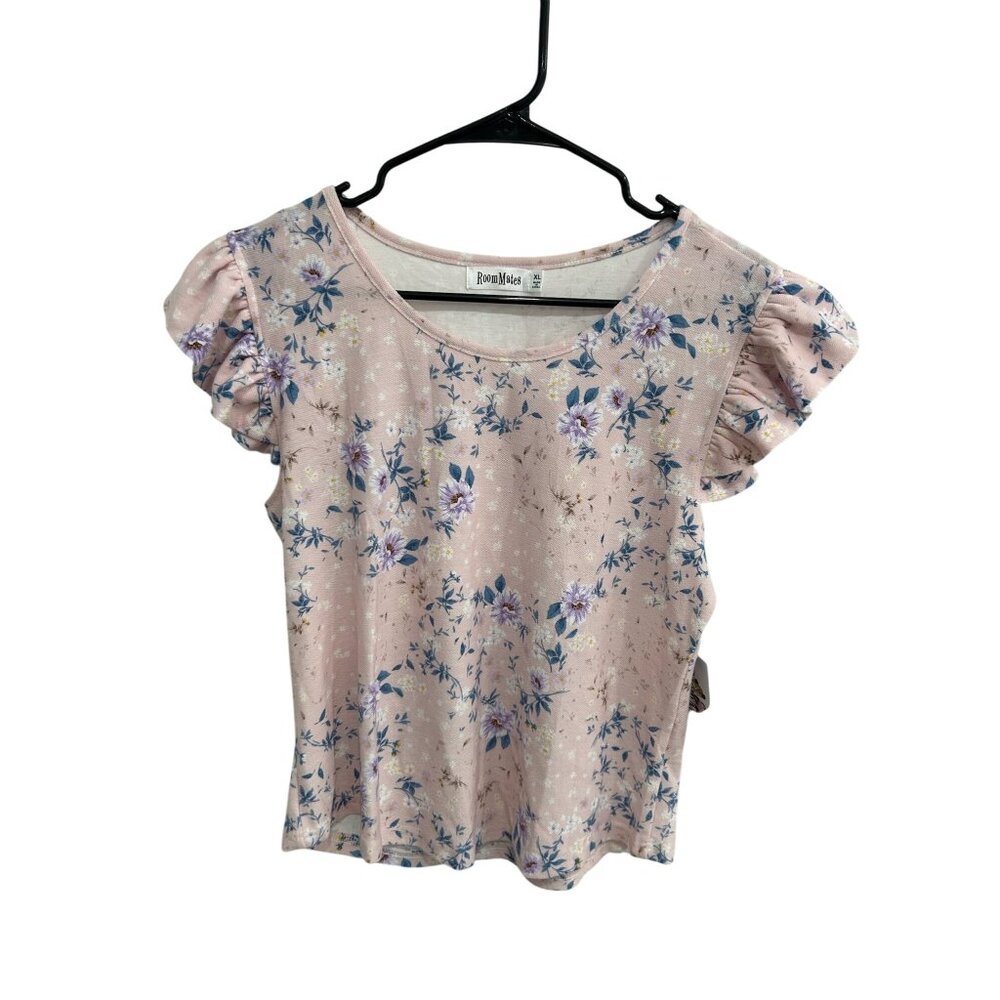 Roommates Floral Ruffle Puff Sleeve Top Pink Blue Junior Sz XL Bohemian NWT
